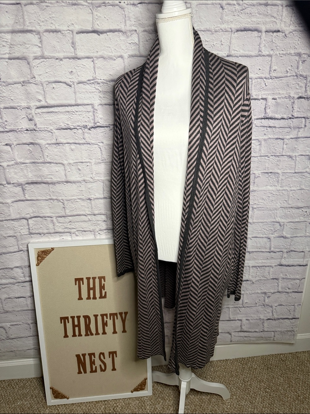 Joan Vass Brown and Black Chevron Open-Front Tunic